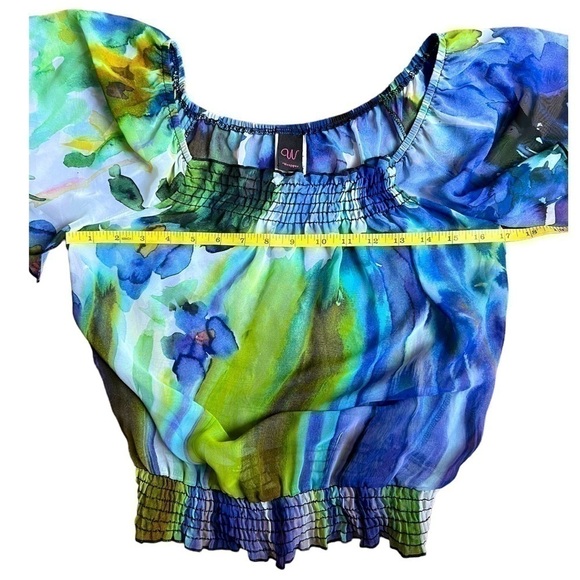 Wrapper Sheer Floral Blue & Green Watercolor Dreamy Flutter Sleeve Blouse XS - Picture 7 of 9